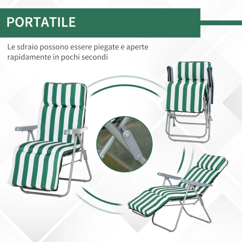 Outsunny Sedia Sdraio da Spiaggia da 2 Pezzi Pieghevole e Reclinabile, Lettini Prendisole da Giardino con Cuscino Imbottito, Verde e Bianco