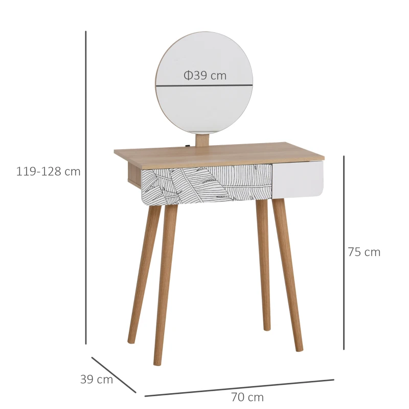 HOMCOM Toeletta Tavolo da Trucco con Specchio Circolare Ф39cm, Consolle Trucco con Cassetto con Decorazione Jungle, Bianco e Rovere, 70x39x119-128cm