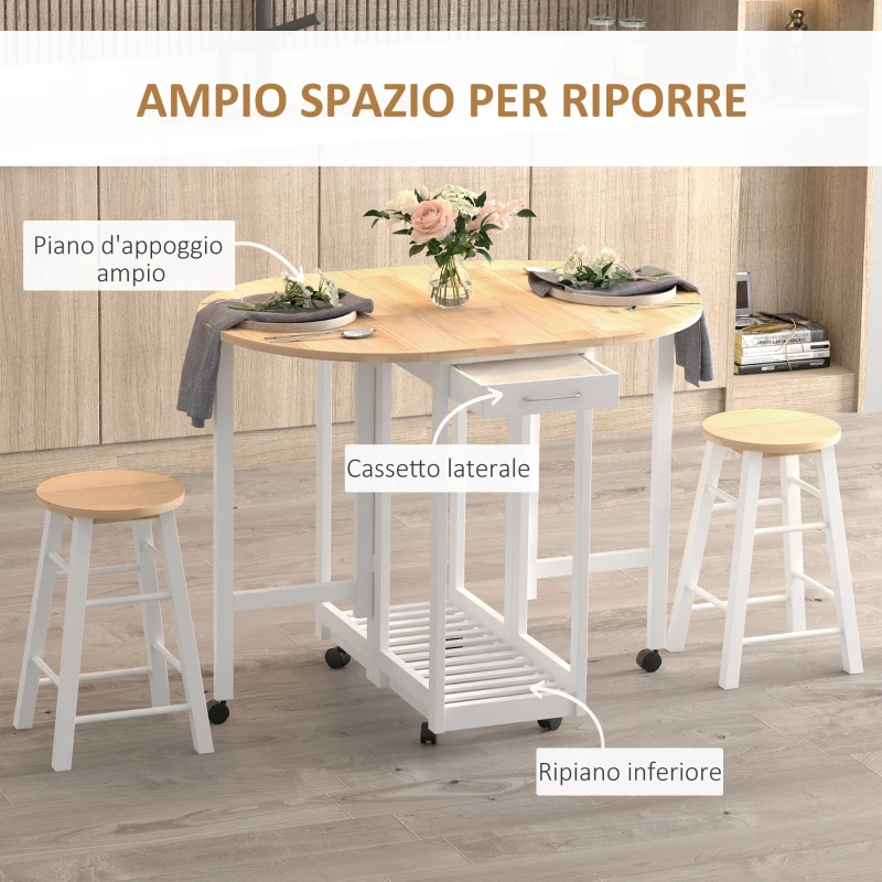 HOMCOM Set 3 Pezzi Tavolo Pieghevole da Cucina e 2 Sgabelli Salvaspazio - Bianco e Legno