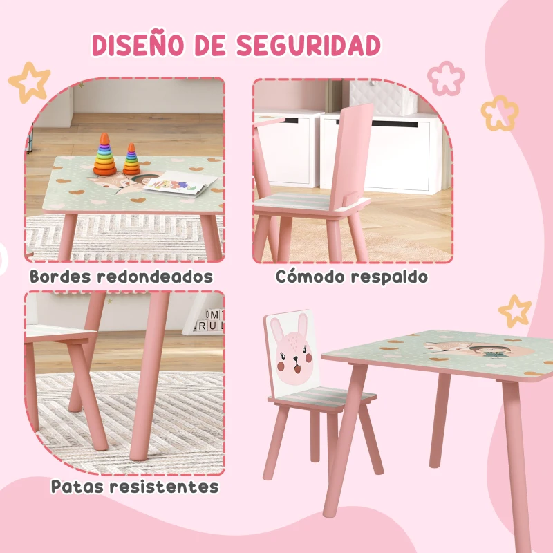 ZONEKIZ Set de Mesa y 2 Sillas Conjunto de Muebles Infantiles de 3 Piezas para Niños de +3 Años con Estampado Animales y Rosa
