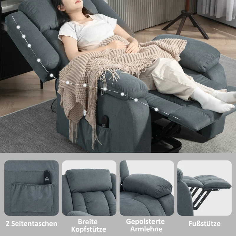 HOMCOM Aufstehsessel mit weichem Bezug, Recliner-Sessel mit Fernbedienung und Seitentaschen, Grau(m-7)