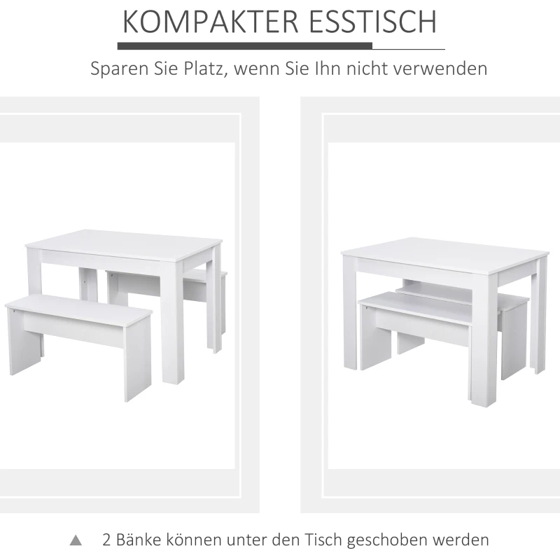 HOMCOM Essgruppe mit 2 Bänken, 3-teilige Esszimmergruppe, Küchentisch, Esszimmergarnitur Sitzgruppe Tischgruppe, Weiß, 110x70x75 cm (Tisch), 86x30x44,8 cm (Bank)
