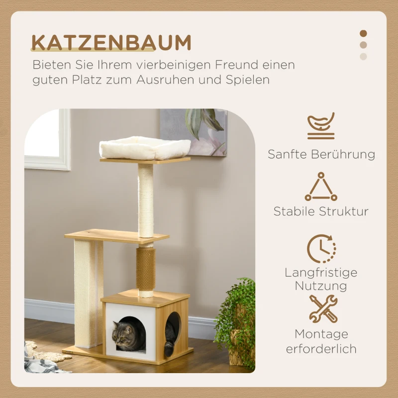 PawHut Kratzbaum Katzenbaum Katzenhöhle, 1 Katzenbett, 1 Liegefläche, 59,5 cm x 39,5 cm x 114 cm, Braun + Weiß