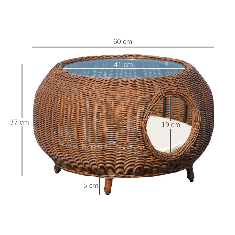 PawHut Panier chat cosy grand confort table basse 2 en 1 coussin amovible déhoussable résine tressée marron