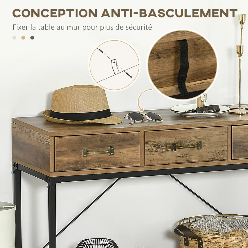 HOMCOM Table console table d'appoint d'entrée industriel 3 tiroirs 1 plateau aspect bois 100 x 35 x 76,5 cm marron clair noir
