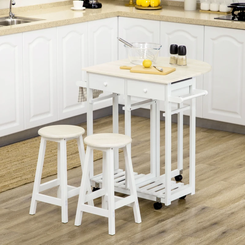 HOMCOM Carrito de Cocina de Madera con 2 Taburetes Mesa con Ruedas Ala Abatible Cajones y Estante 87x74x86 cm Blanco