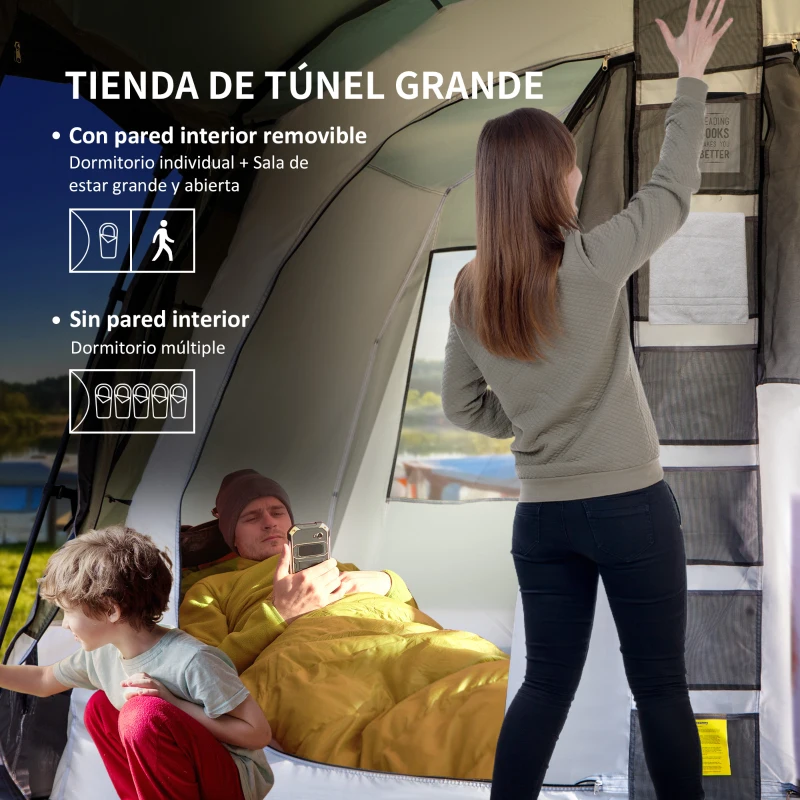 Outsunny Tienda de Campaña Familiar tipo Túnel 6 Personas Tienda Camping Impermeable PU3000 mm Resistente al Viento Solar Bolsa de Transporte Asa para Trekking Camping Playa 455x320x215 cm Verde
