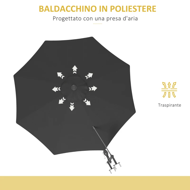 Outsunny Ombrellone da Giardino a Parete, Girevole a 180° con Manovella e 8 Stecche, Grigio