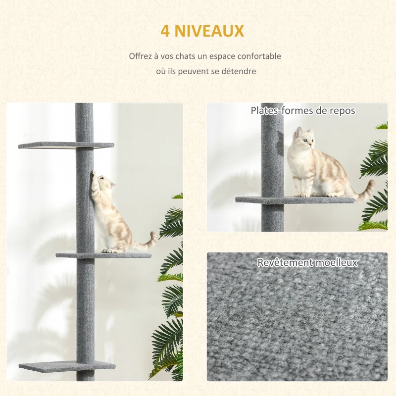 PawHut Arbre à chat du sol au plafond poteau à griffer hauteur réglable dim. 43L x 27I x 228-260H cm 4 niveaux d'activités gris