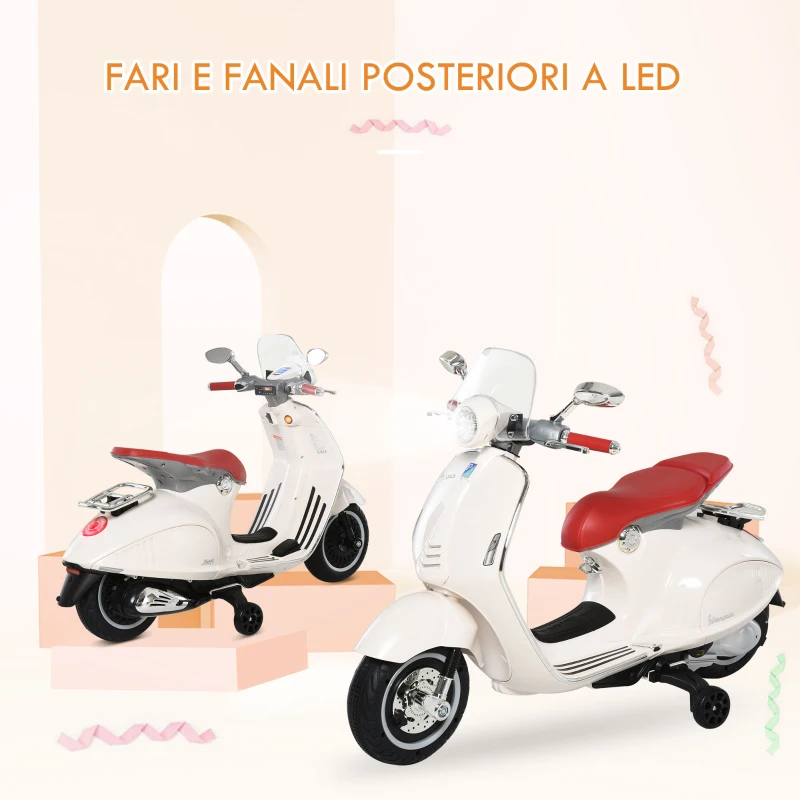 HOMCOM Moto Elettrica per Bambini con Licenza Ufficiale Vespa, 2 Rotelle, Luci e Suoni, 108x49x75 cm, Bianca