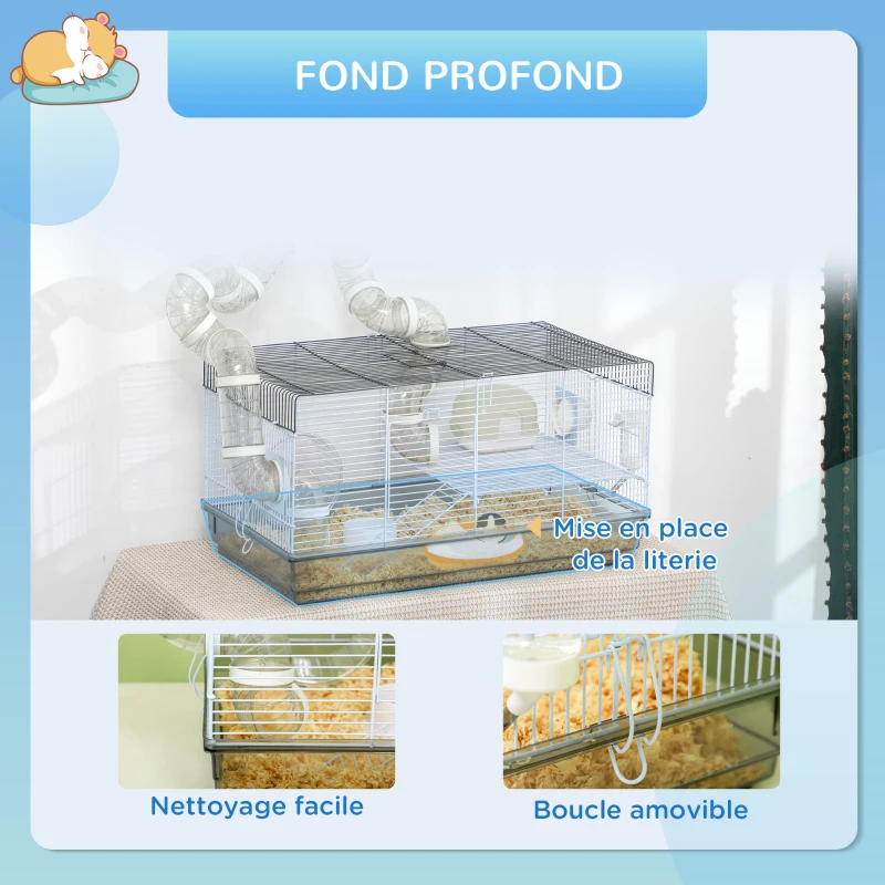PawHut Cage hamster cage rongeur avec tunnel et accessoires inclus fil d'acier 58 x 32 x 31 cm gris