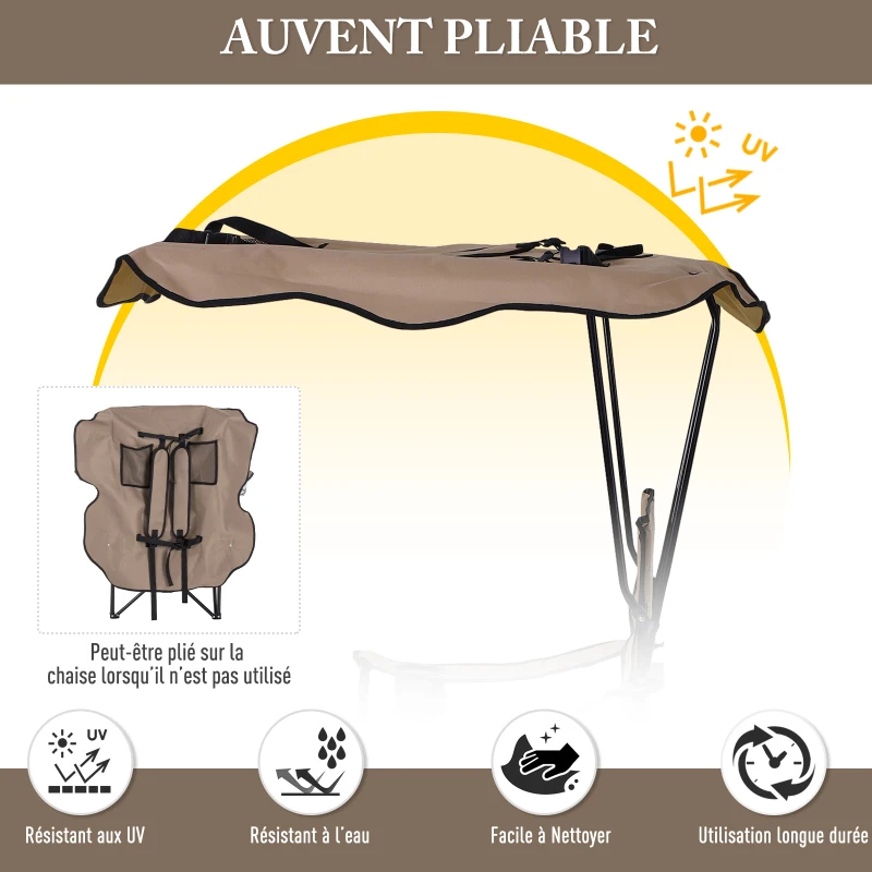 HOMCOM Chaise de Camping Pliable Grand Confort Pare-Soleil + Porte-gobelets intégrés, possibilité d'être portée en Sac à Dos Marron Noir