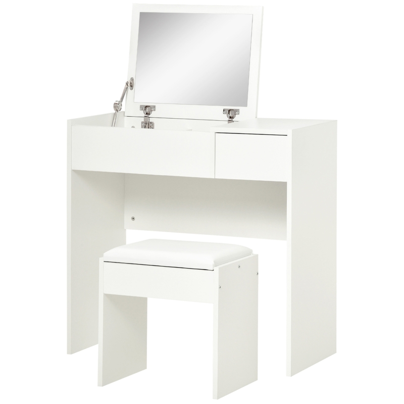 HOMCOM Tavolo da Trucco con Specchio Richiudibile, Tavolo da Trucco Moderno, con Sgabello, Vano Contenitore (4 Scomparti), MDF Bianco, 80x40x79 cm