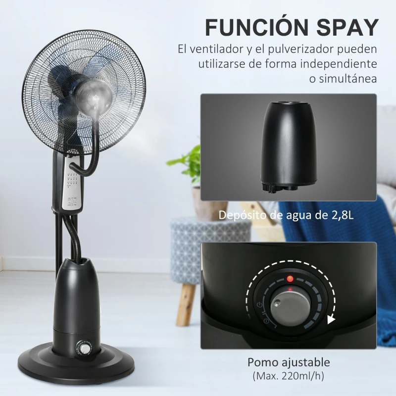 HOMCOM Ventilador Nebulizador Ventilador con Agua Oscilante 90W Control Remoto 3 Modos 3 Velocidades Temporizador Ø44,5x120 cm Negro