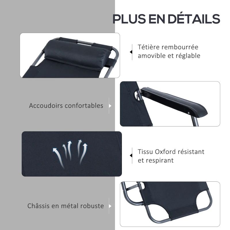 Outsunny Chaise Longue Pliable Bain de Soleil fauteuil relax jardin transat de Relaxation Dossier inclinable avec dossier réglable Repose-Pied Polyester Oxford Noir