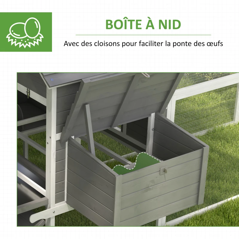 PawHut Grand poulailler en bois 2 nichoirs porte verrouillable rampe d'accès et plateau coulissant 310,5 x 149,5 x 149 cm gris