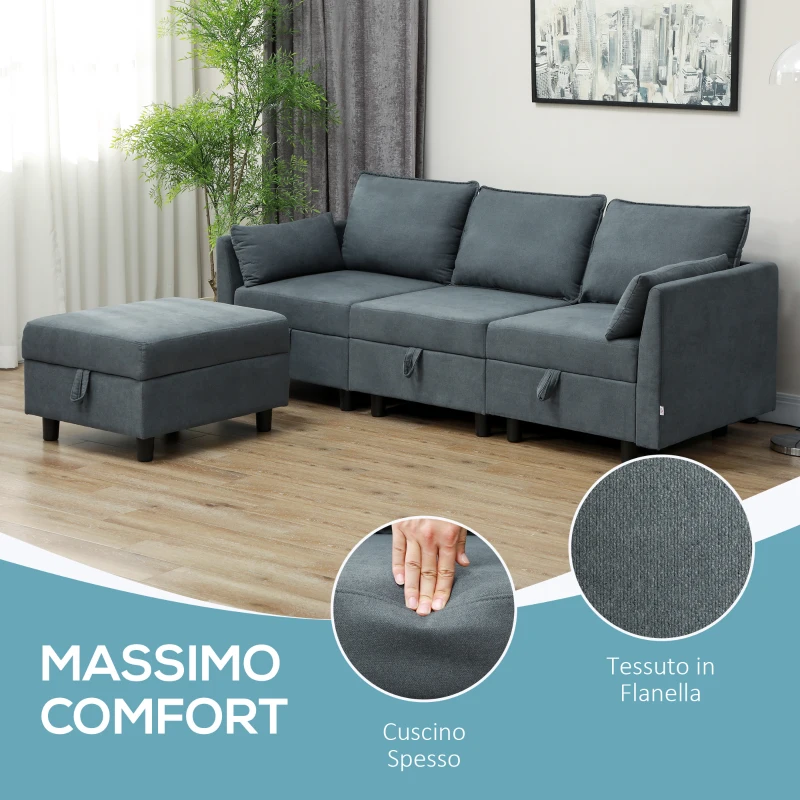 HOMCOM Divano Componibile Modulare 3 Posti con Pouf Poggiapiedi e Cuscini, Rivestimento in Flanella, Grigio Scuro