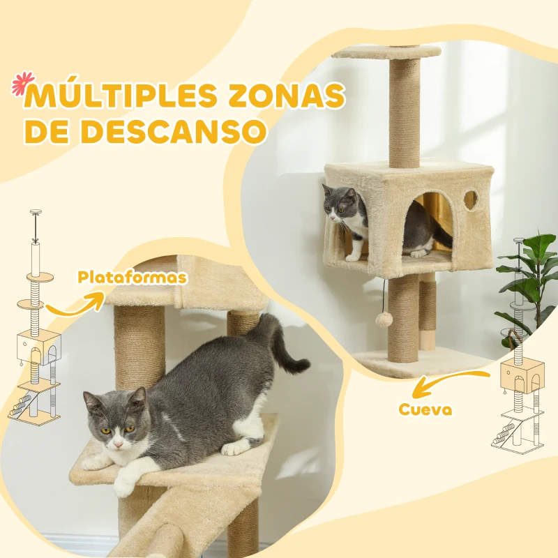 PawHut Árbol para Gatos de Suelo a Techo de 225-255 cm con Altura Ajustable Múltiples Plataformas Escalera Bola Colgante Beige