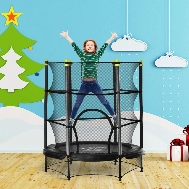 HOMCOM Cama Elástica Infantil Ø140x160 cm Trampolín para Niños de +3 Años con Red de Seguridad y Marco de Acero para Interior y Exterior Negro