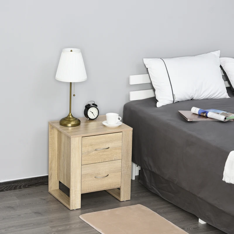 HOMCOM Bedside Table with 2 Drawers, Nightstand with Handles and Elevated Base, Side Table for Bedroom, Living Room, Brown