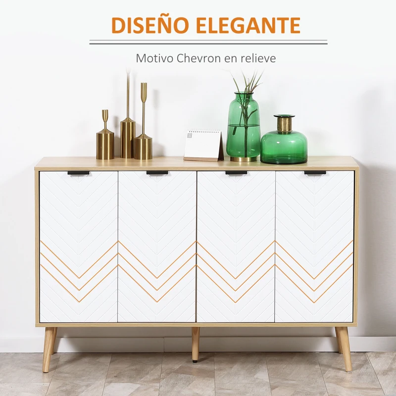 HOMCOM Mueble Buffet Auxiliar con Estantes Ajustables 2 Armarios y Antivuelco Carga 50 kg 120x35x77,4 cm Blanco y Natural(m-5)