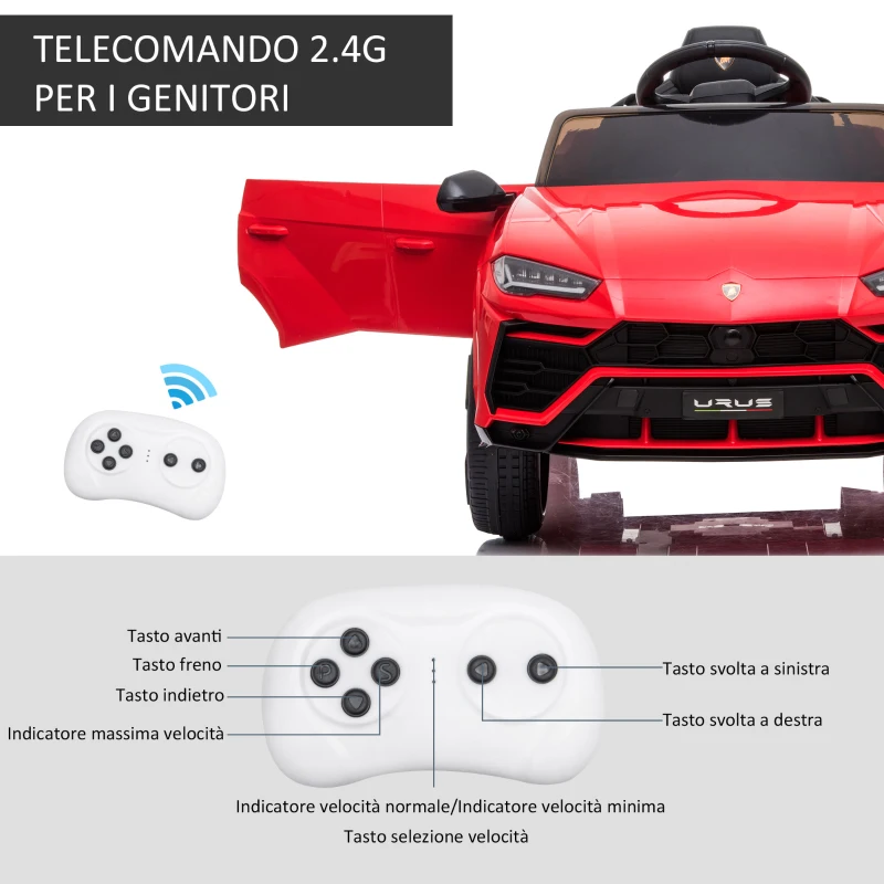 HOMCOM Macchina Elettrica per Bambini Marchio Lamborghini 12V 2 Velocità 3-5km/h, Telecomando e Presa USB, Rosso, 105x65x52cm