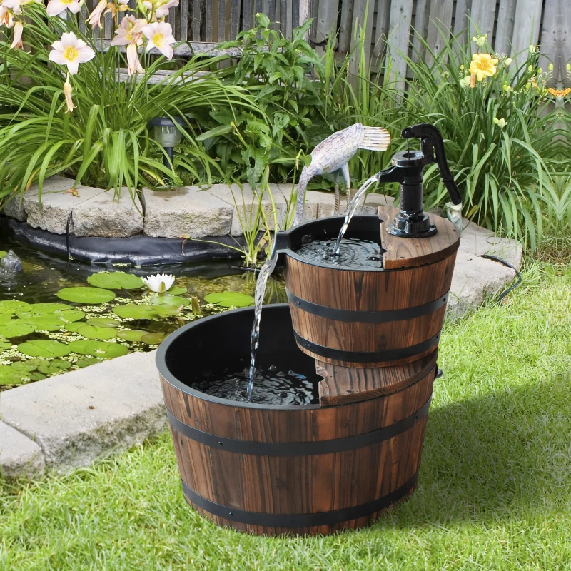 Outsunny Wooden Water Pump Fountain, 2 Tier-Fir Wood