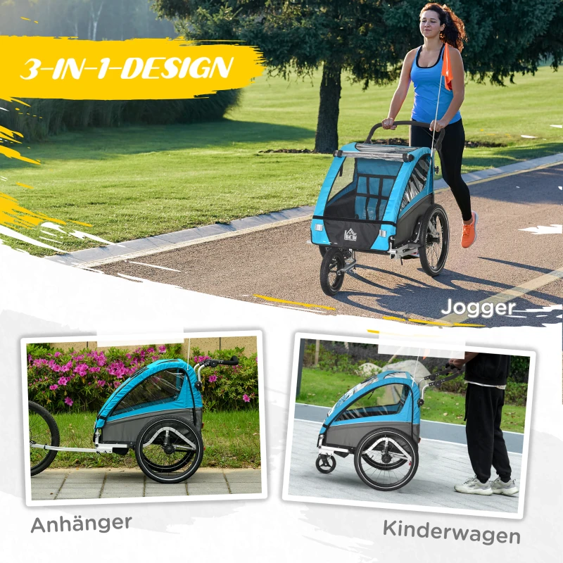 HOMCOM 3 in 1 Kinderanhänger Kinder Jogger Fahrradanhänger mit 360 Grad schwenkbarem Vorderrad Radanhänger für 2 Kinder mit Schwingungsdämpfungssystem Aufbewahrungstasche Wetterschutz Aluminium Blau