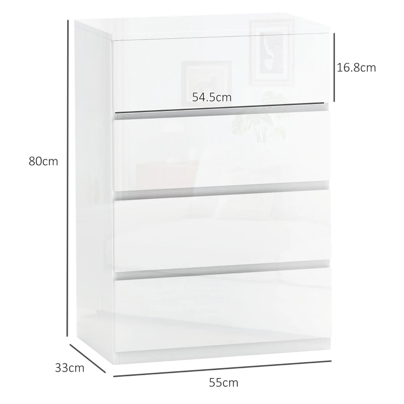 HOMCOM Cassettiera Moderna 4 Cassetti Antiribaltamento in Legno, 55x33x80 cm, Bianco Lucido
