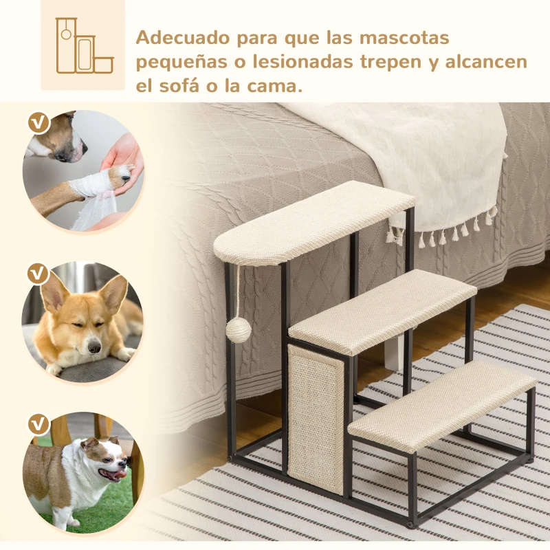 PawHut Escalera para Mascotas con 3 Escalones Bola Colgante Tablero de Rascar y Marco de Acero 47x45x47 cm Crema y Negro