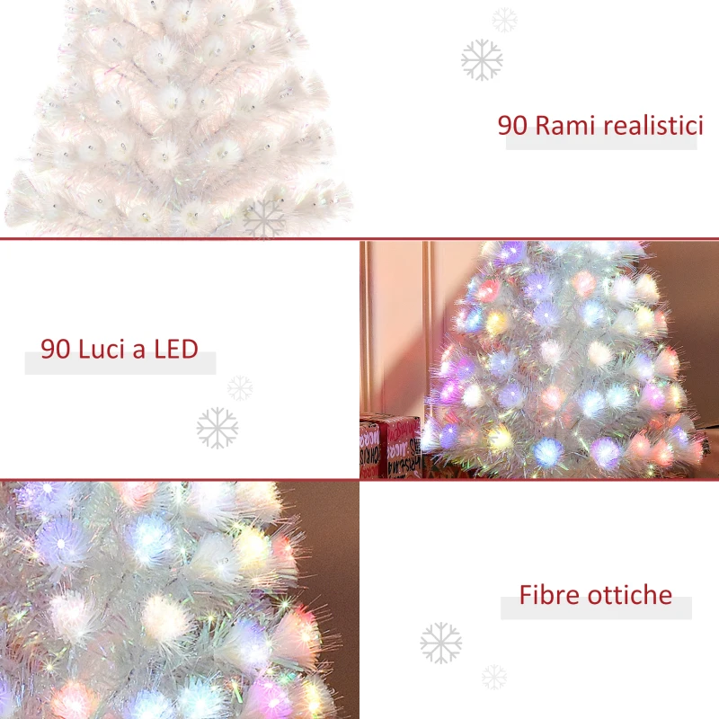 HOMCOM Albero di Natale Artificiale 90cm con 90 Luci LED Colorate e Fibre Ottiche, 90 Rami, Base in Metallo Pieghevole, Bianco