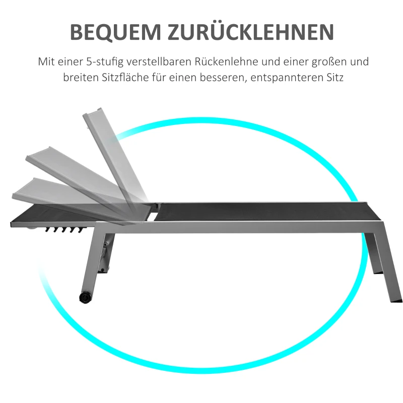 Outsunny Sonnenliege, Gartenliege, 5-stufige Rückenlehne, Aluminium, Schwarz, 202 x 65 x 43 cm