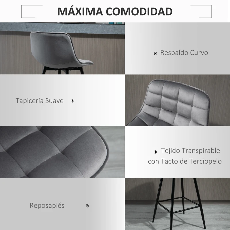 HOMCOM Conjunto de 2 Taburetes de Bar con Respaldo Carga 120 kg para Bar Salón Comedor Gris