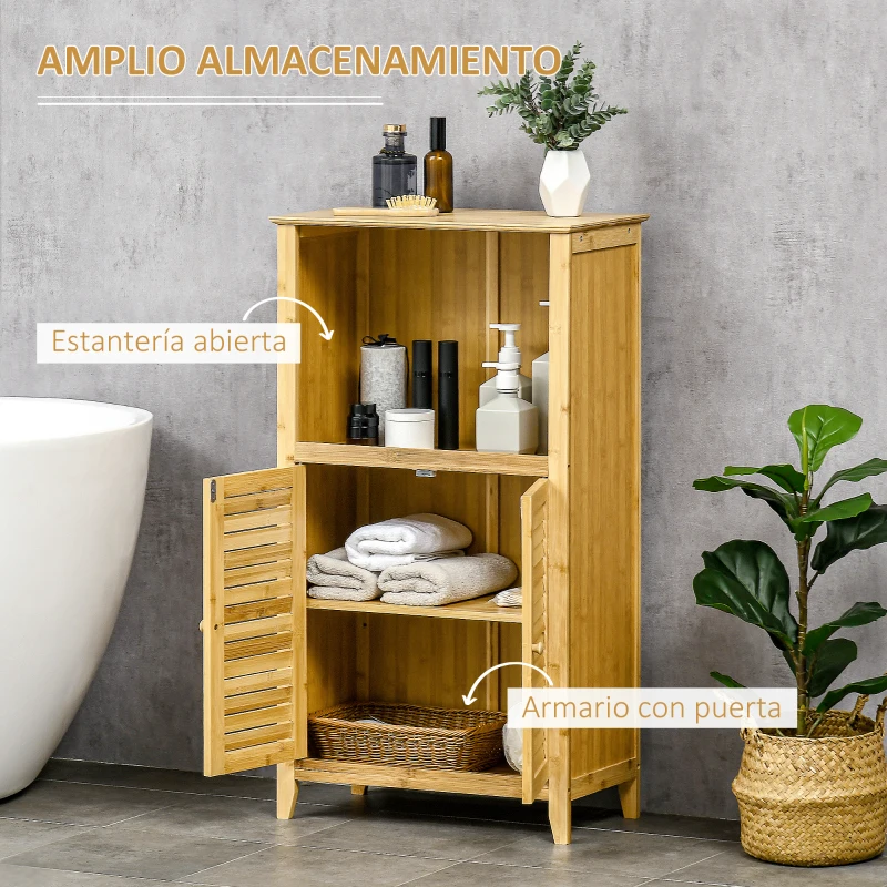 HOMCOM Armario Auxiliar de Baño de Bambú con 2 Puertas Compartimiento Abierto y Estante Ajustable 50x25,5x92 cm Natural