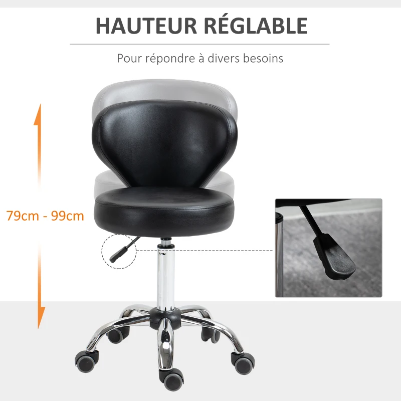 HOMCOM Tabouret à roulette tabouret de massage - tabouret de travail pivotant 360° - assise réglable 49-64H cm, dossier ergonomique - métal chromé revêtement synthétique noir