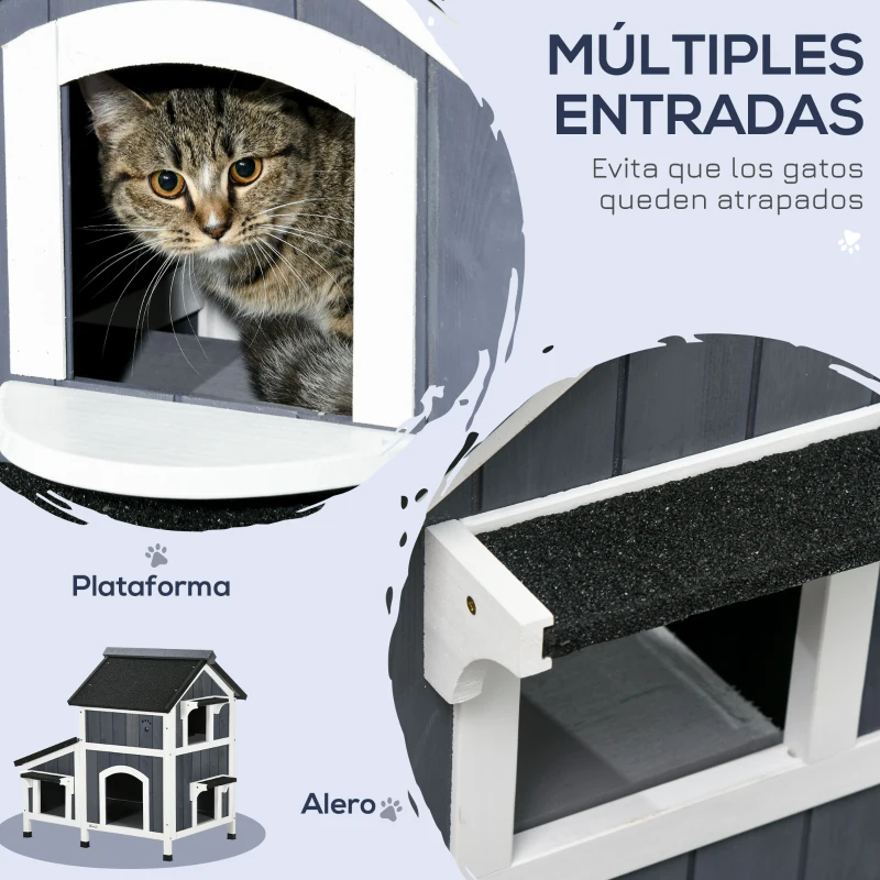 PawHut Caseta de Madera de Exterior para Gatos Casa para Gatos Refugio para Gatos de 2 Niveles 96x65x85,5 cm Gris