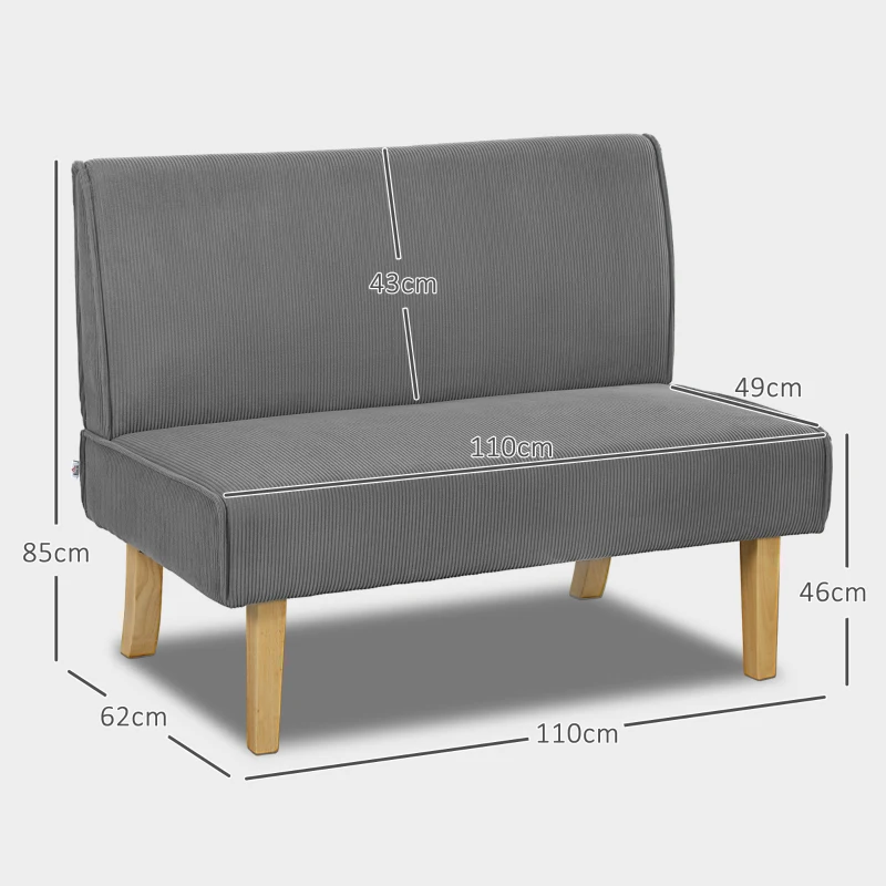 HOMCOM Zweisitzer-Sofa mit Cord-Bezug, dicker Polsterung und soliden Holzbeinen für Wohnzimmer, Schlafzimmer, Büro, Grau(m-3)