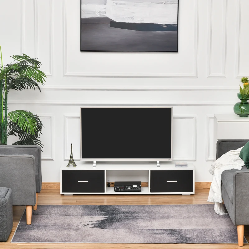 HOMCOM Mueble de TV para Televisores de hasta 60" Mesa para TV de Salón Estilo Moderno con 2 Cajones y Compartimento Abierto 140x30x32 cm Blanco y Negro