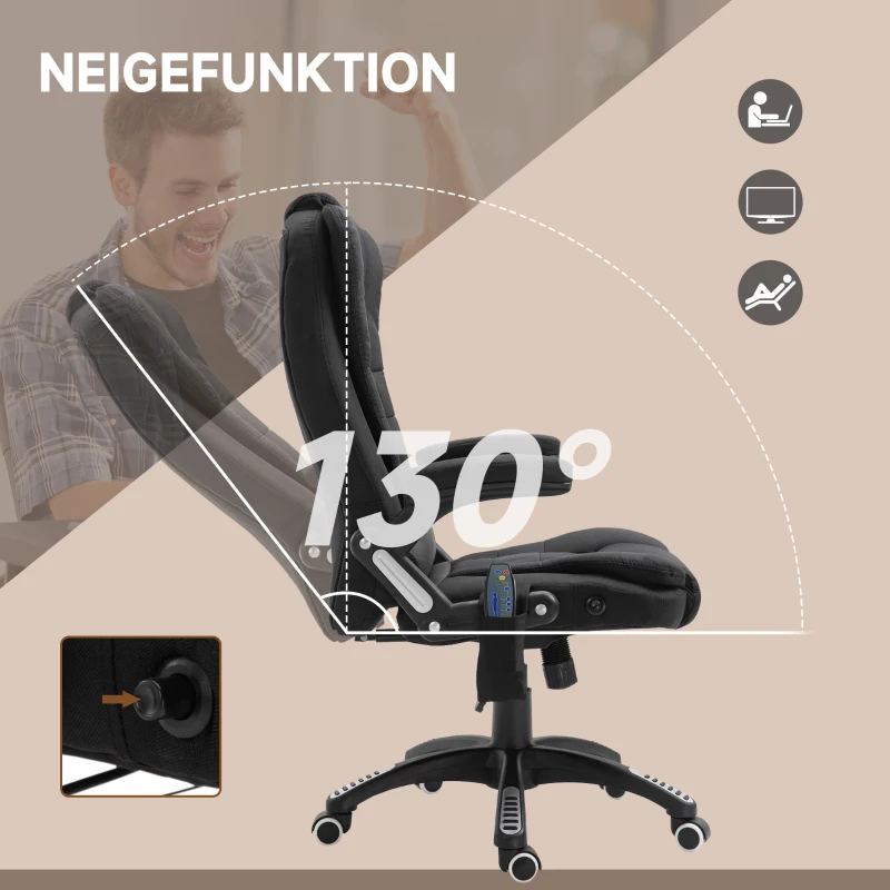 Vinsetto Bürostuhl mit Vibrationsmassage, Ergonomisch Schreibtischstuhl mit Heiz-, Liegefunktion, Höhenverstellbar Chefsessel mit Fernbedienung, Seitentasche, Leinenoptik, Schwarz