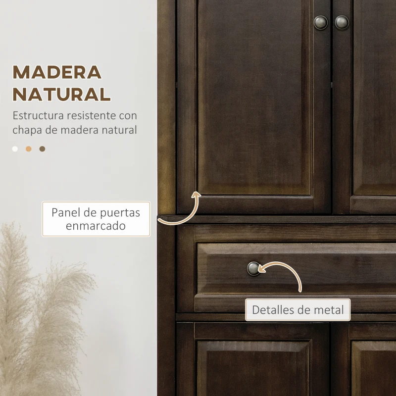 HOMCOM Alacena de Cocina Mueble Auxiliar con 4 Puertas Magnéticas Cajón y Estantes Ajustables 76x40,5x184 cm Café Oscuro