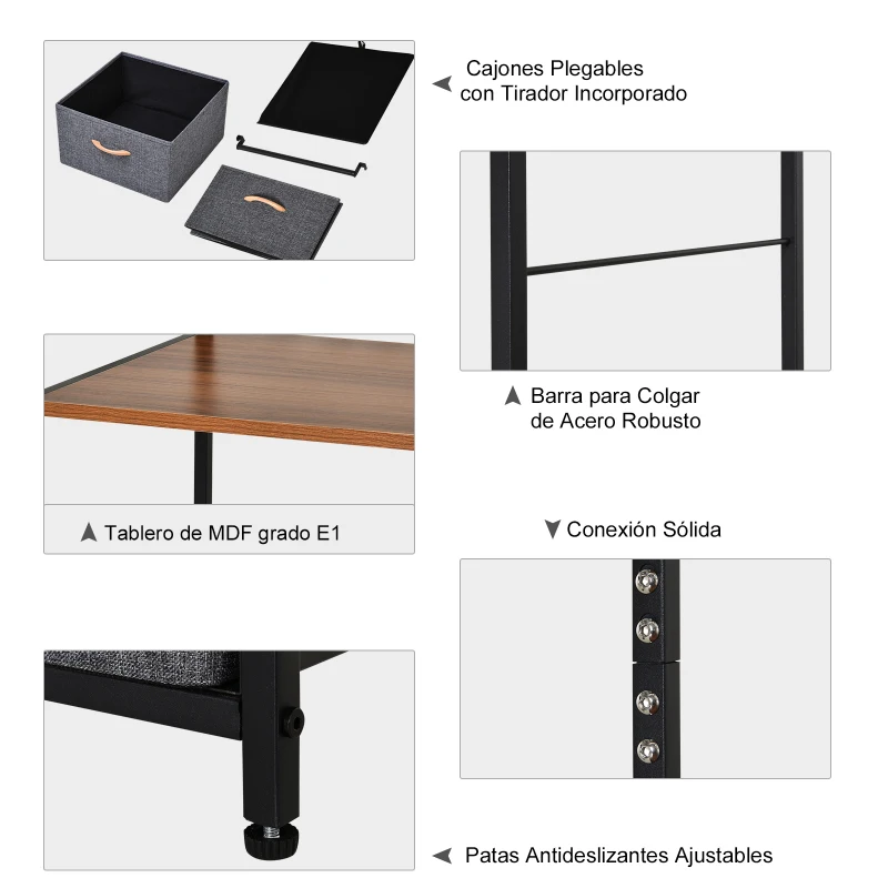 Armario Ropero Abierto Almacenaje Hecho de Metal Plegable con 5 Cajones Extraíbles Apto para Salón Oficina Dormitorio Estudio con Barra para Colgar Estilo Moderno Negra Gris 83x28x175cm