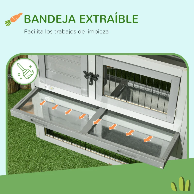 PawHut Conejera Exterior de Madera 150x52x68 cm Jaula para Conejos Grande con Techo Abatible Bandeja Extraíble y Rampa Gris(m-6)