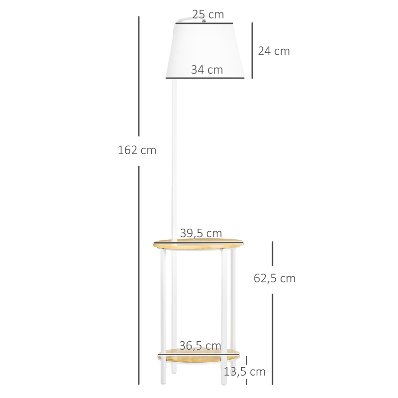 HOMCOM Stehleuchte mit 2 Regalen, Standleuchte, Fußschalter, 40 W. E 27, Natur + Weiß