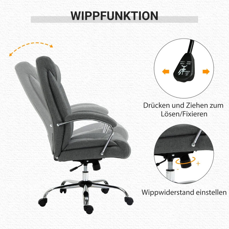 Vinsetto Bürostuhl mit Wippfunktion ergonomischer Stuhl mit gepolsterte Armlehne Kopfstütze höhenverstellbarer Schreibtischstuhl Drehstuhl mit Rückenlehne Nylon Grau 65 x 78 x 110-118 cm