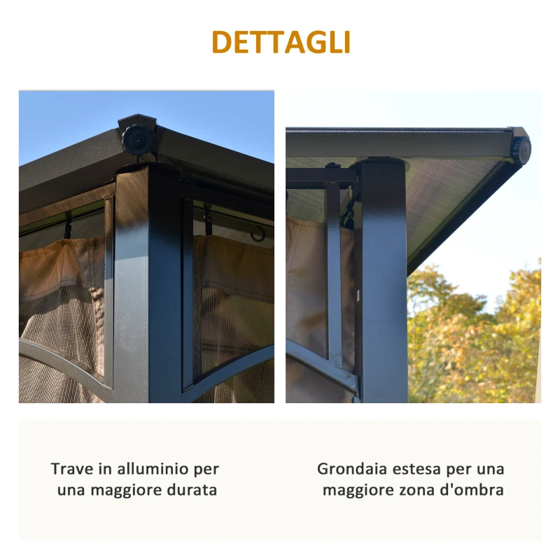 Outsunny Gazebo da Giardino con Zanzariera 3.6x3m Tetto Policarbonato Marrone