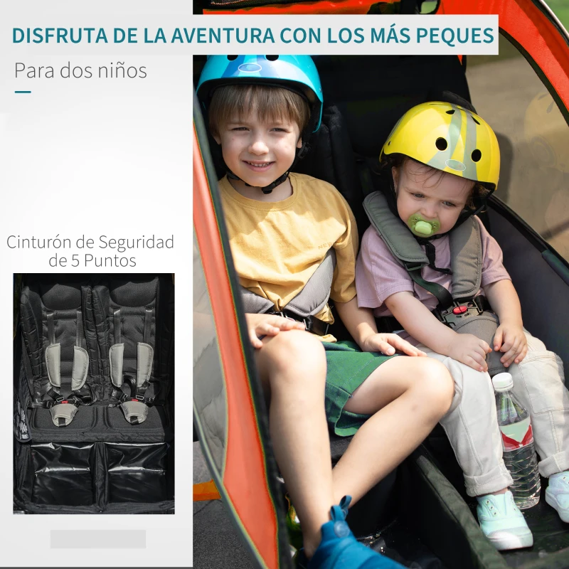 HOMCOM Remolque Infantil 3 en 1 para Bicicleta Carrito para Correr de 2 Plazas para Niños de +6 Meses Plegable Ruedas Giratorias y Manillar Ajustable 150x85x107 cm Rojo