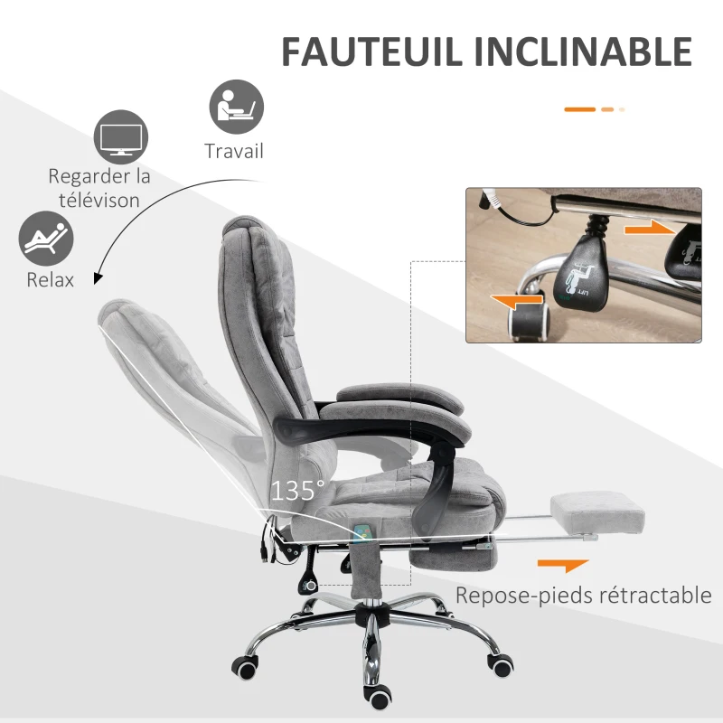 Vinsetto Fauteuil de bureau direction massant chauffant hauteur réglable dossier inclinable toile de microfibre gris(m-5)