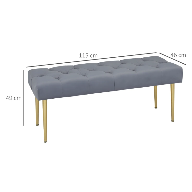 HOMCOM Sitzbank im Tufting-Design, Bezug in Samtoptik, Stahlbeine, hellgrau, 115 x 46 x 49 cm