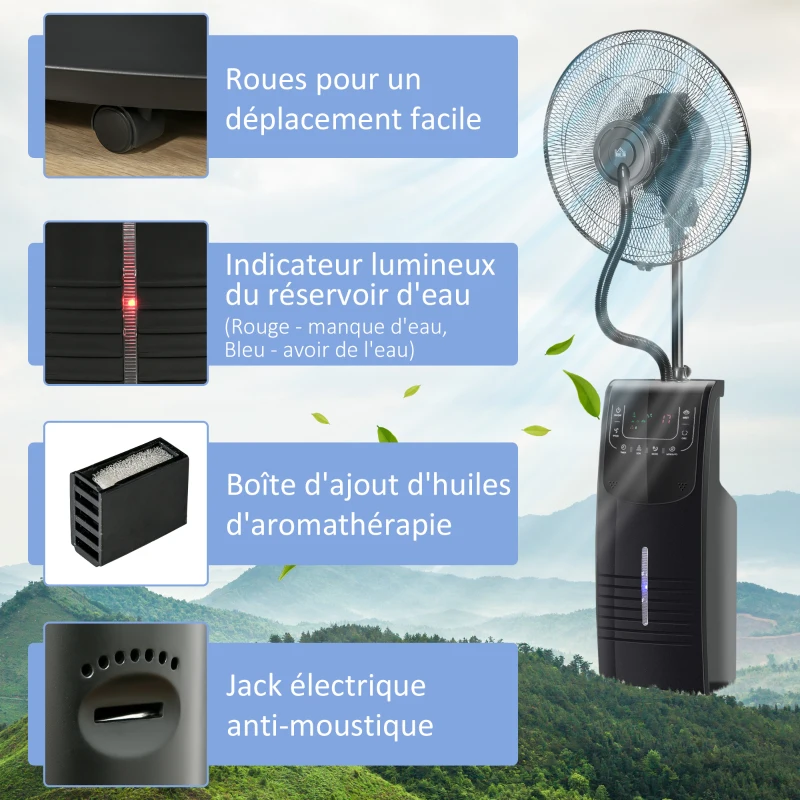 HOMCOM Ventilateur brumisateur silencieux 90 W sur roulettes 3 modes 3 vitesses, télécommande, minuterie, oscillation, noir