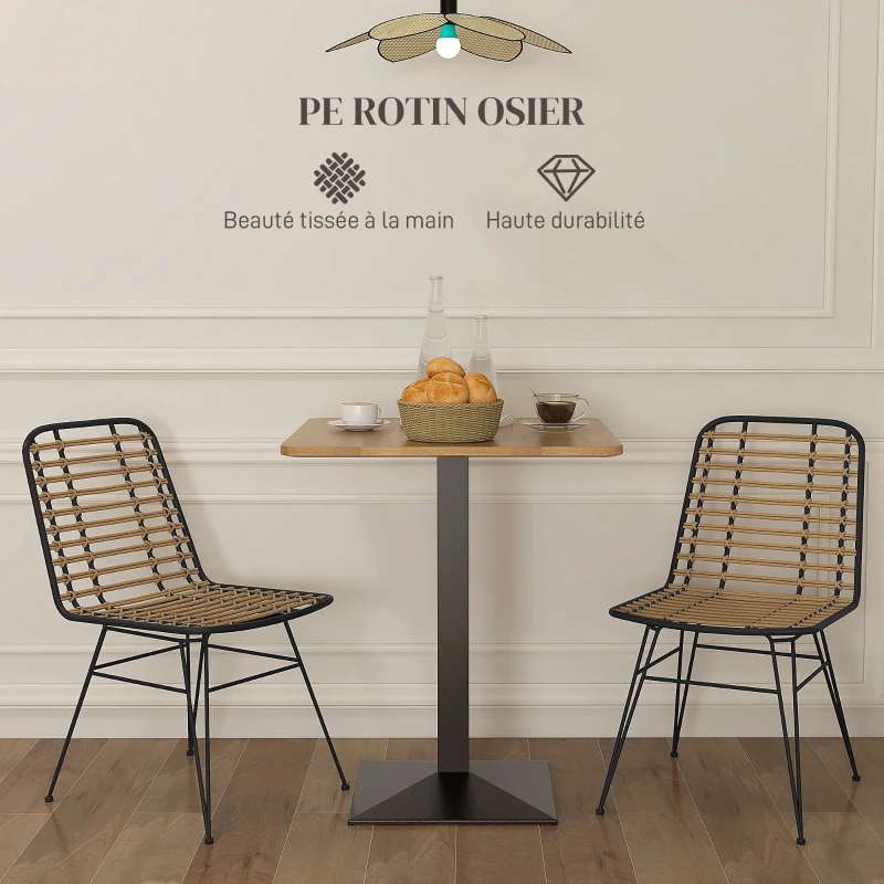 HOMCOM Lot de 2 chaises de salle à manger avec pied structure en acier noir, assise résine effet rotin, style bohème